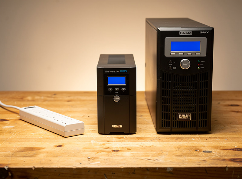Three power protection devices compared: surge protector strip, line-interactive UPS, online double-conversion UPS