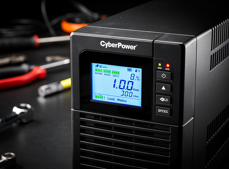 UPS unit with front display panel showing battery percentage and load watts