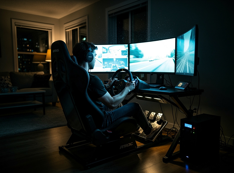 Power outage scene with sim rig running on UPS battery backup, monitors glowing in semi-darkness