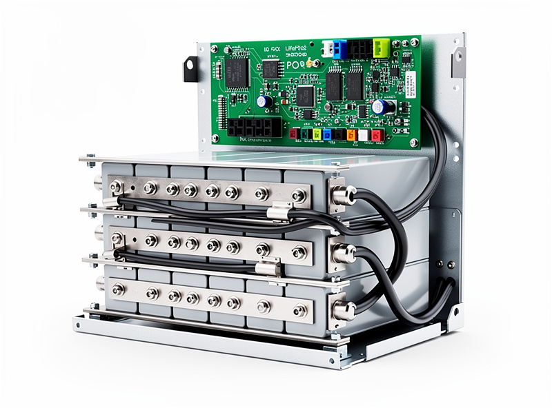 Internal view of LiFePO4 lithium battery cells in a UPS with terminals and BMS circuit board