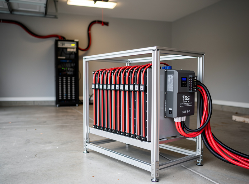 16S LiFePO4 battery rack with BMS and DC bus cables to network rack