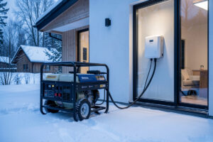 Inverter generator outdoors in winter beside a home with a wall-mounted battery inverter