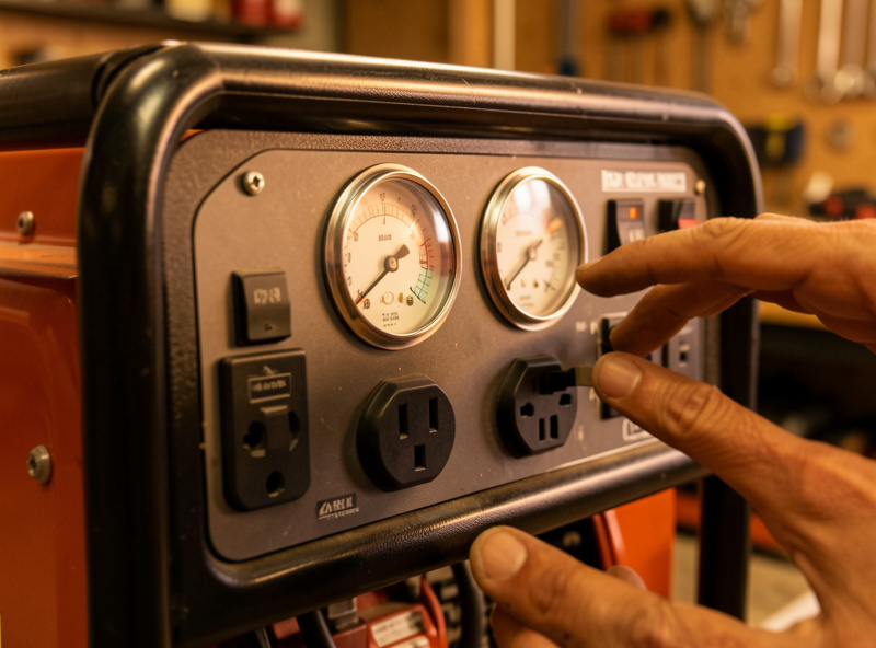 Portable generator control panel showing running and starting wattage outlets