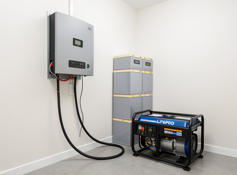 Inverter generator charging a wall-mounted hybrid inverter and LiFePO4 battery bank