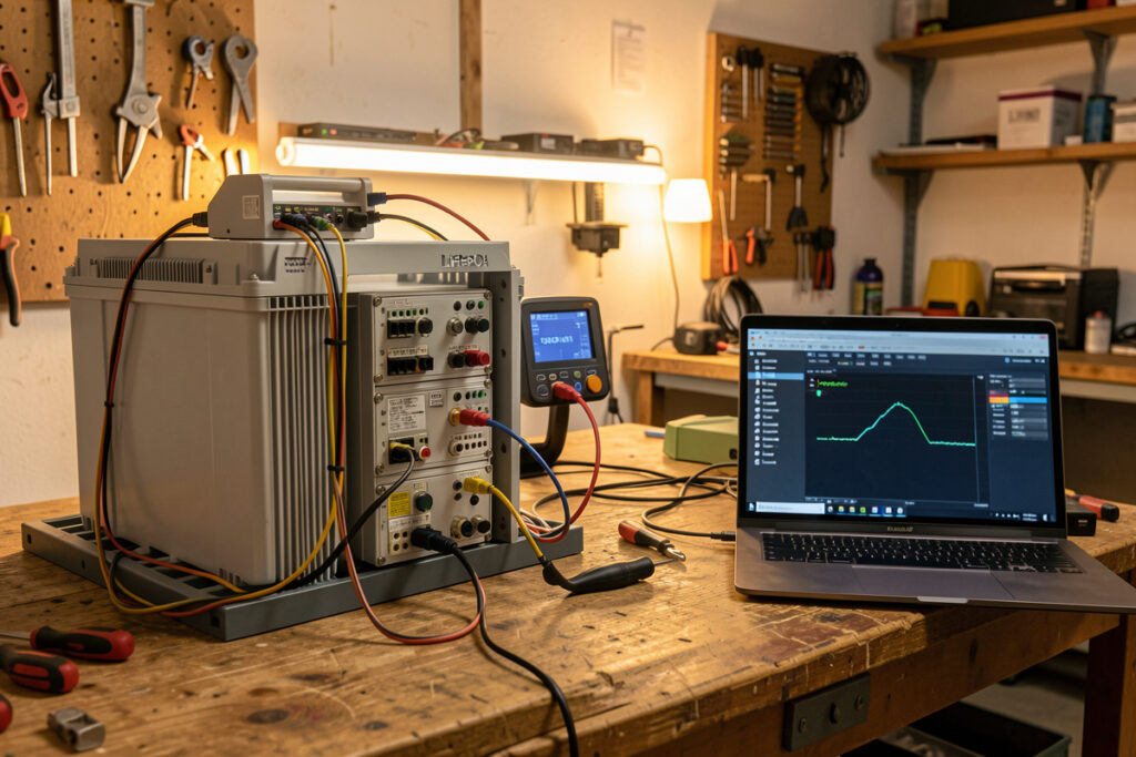 Home LiFePO4 battery bank undergoing a capacity test with a monitor and logging laptop