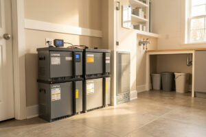 Home LiFePO4 battery bank with a battery monitor showing state of charge