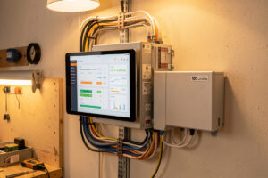 Wall-mounted 16S LiFePO4 home battery bank with a live monitoring dashboard on a tablet