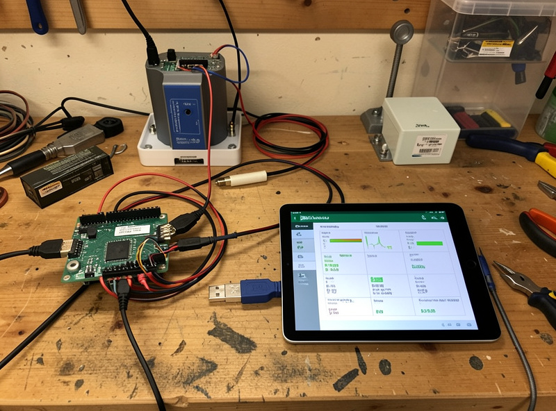 Home battery monitoring station with a Raspberry Pi, RS485 adapter, and tablet showing live telemetry