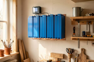Wall-mounted 16S LiFePO4 home battery bank with copper busbars and a BMS in a Scandinavian workshop