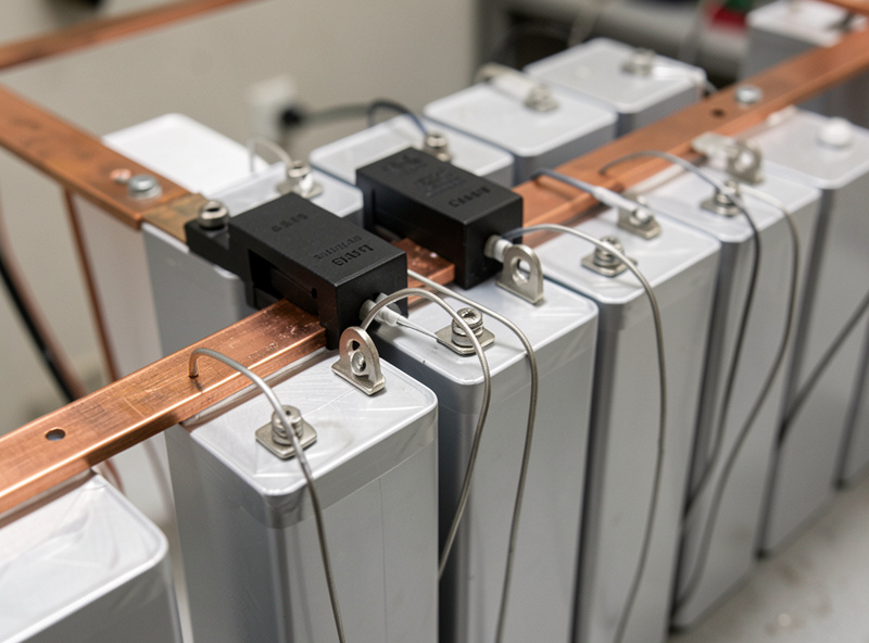 16S LiFePO4 prismatic battery bank with per-cell monitoring leads and a Class-T fuse on the main positive busbar