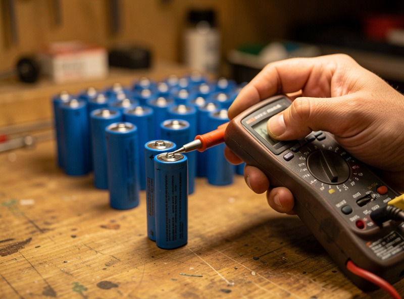 Multimeter probing an individual prismatic cell terminal to compare rest voltage against neighboring cells in a battery pack