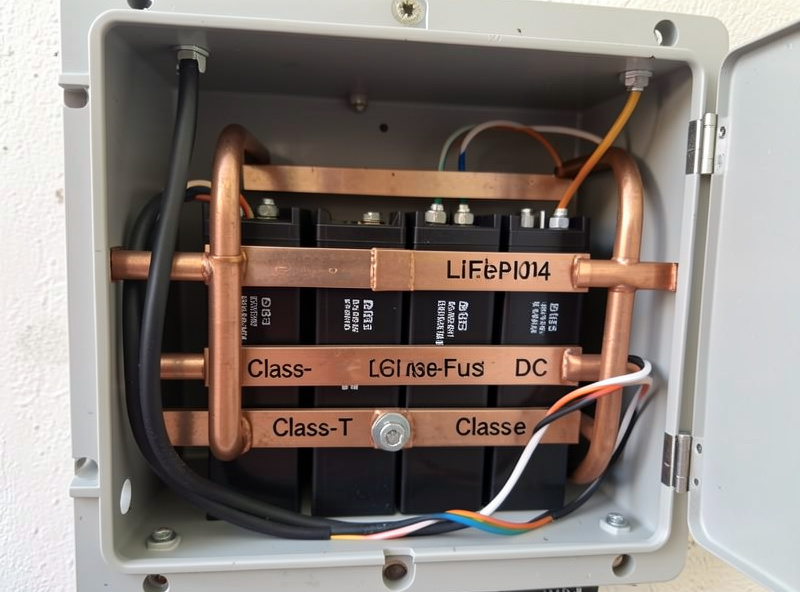 16S LiFePO4 battery bank with Class-T fuse, busbars and labeled DC wiring in a wall enclosure