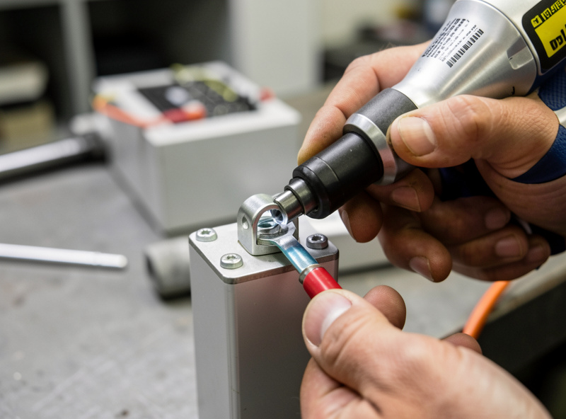Hands torquing a busbar lug on a prismatic LiFePO4 cell terminal with a calibrated torque driver