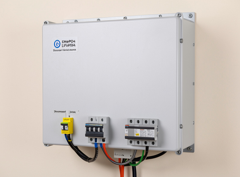 Wall-mounted home LiFePO4 energy storage system with labeled disconnect, breakers and grounded enclosures