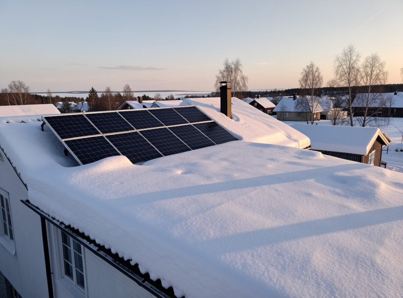 Snow-covered solar panels on a roof under a low winter sun with long shadows