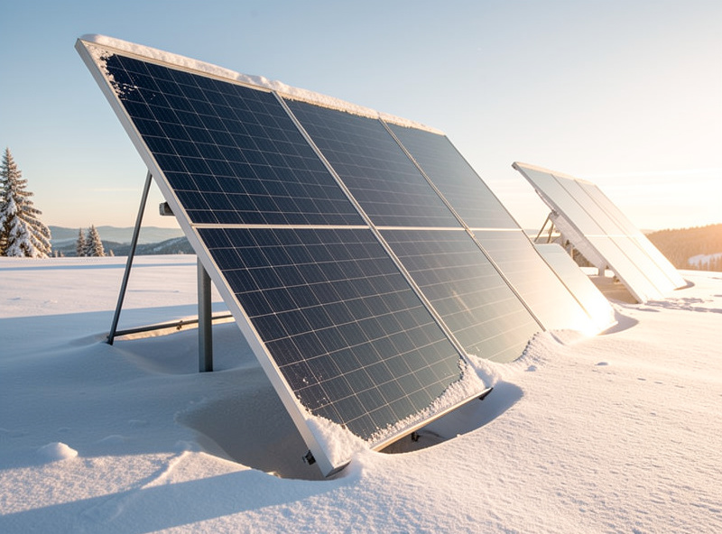Steeply tilted ground-mounted solar panels shedding snow in winter