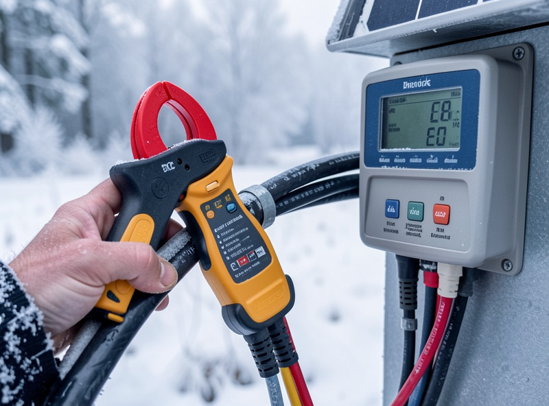 A DC clamp meter reading low current on a solar cable on a frosty winter morning
