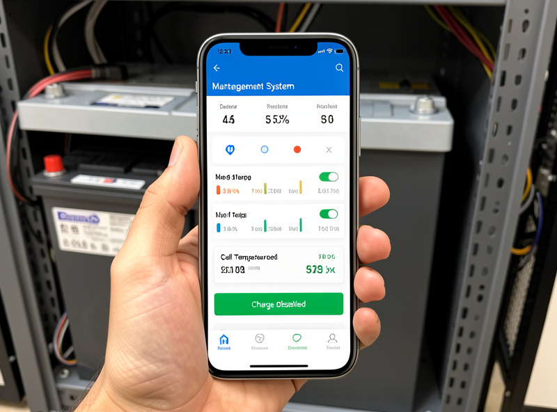 BMS app screen showing cell temperatures and a charge-disabled status