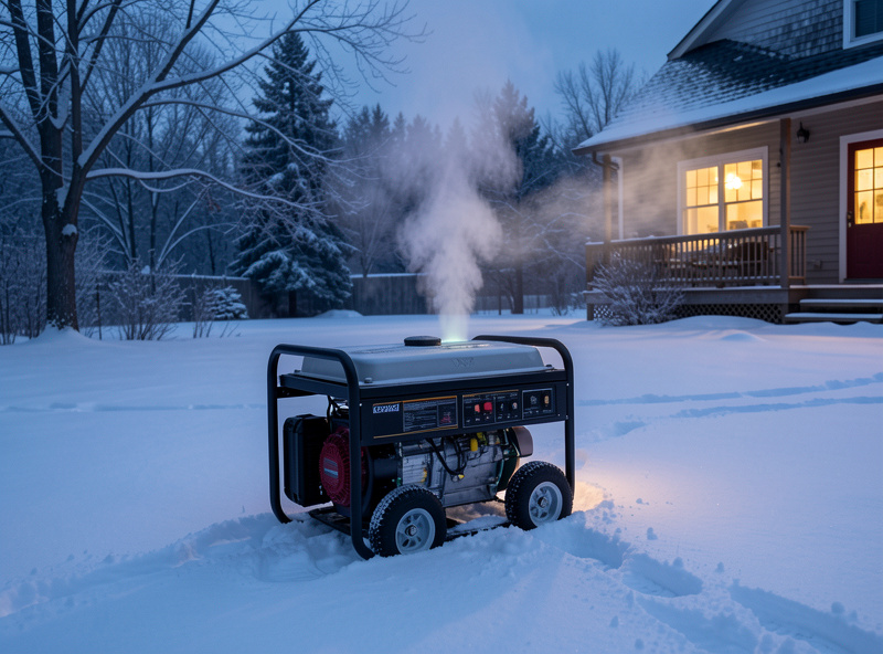 An inverter generator running on snowy ground well clear of a house at dusk