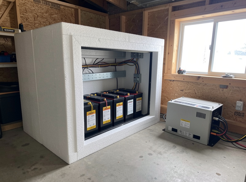 LiFePO4 bank in a foam-insulated enclosure with the inverter mounted separately for airflow