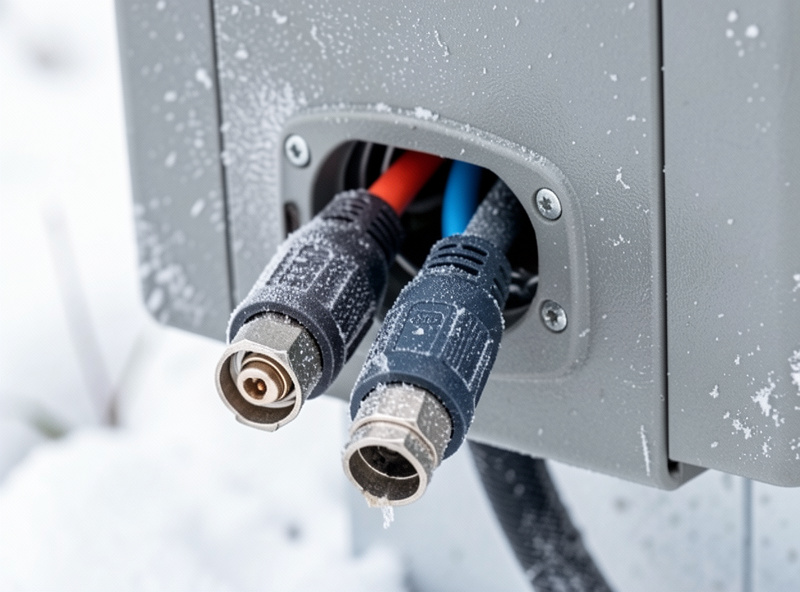 Weatherproof outdoor DC solar connectors facing downward with light frost