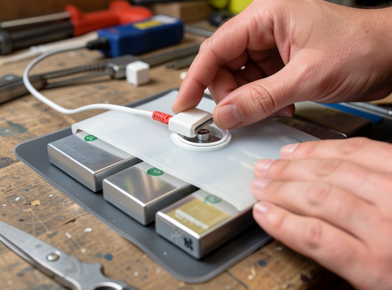 A thin silicone heating pad laid under prismatic battery cells with a thermostat sensor