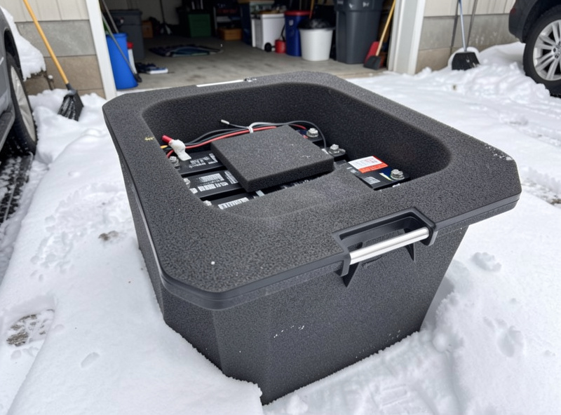 An insulated battery enclosure with foam lining and a heating pad keeping cells warm