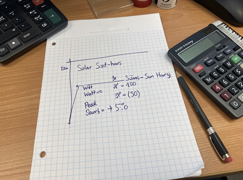 Hand-drawn solar sizing calculation with watt-hours and peak sun hours figures
