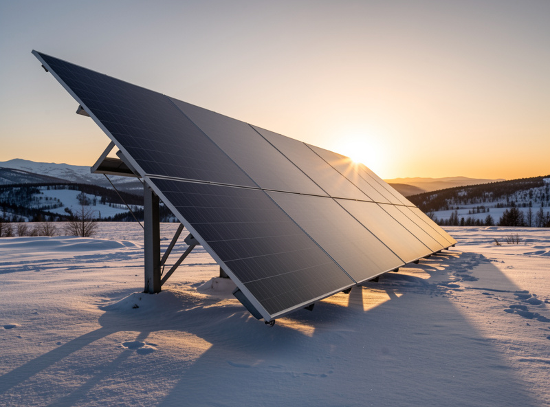 Steeply tilted ground-mounted solar panels angled toward a low winter sun