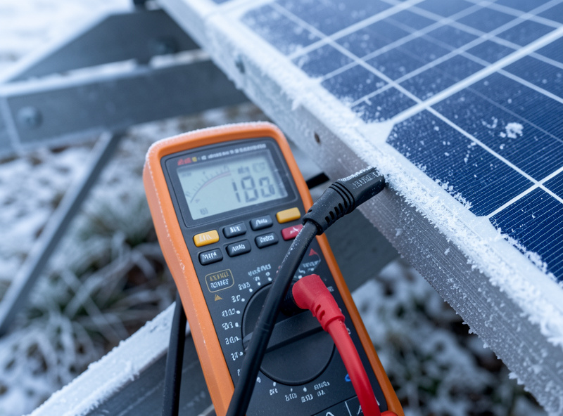 A multimeter reading a high DC string voltage on a frosty solar panel on a cold morning