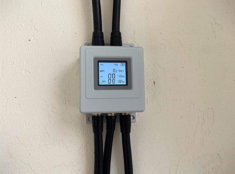 An MPPT solar charge controller mounted on a wall showing a voltage display