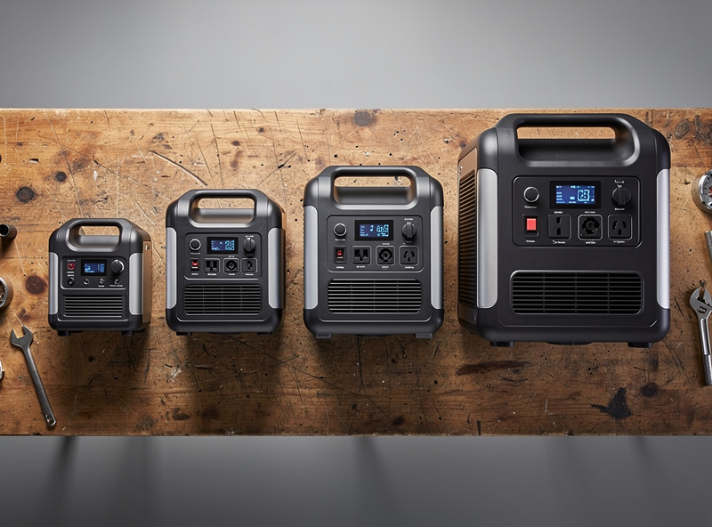 Several portable power stations of different sizes lined up on a bench for comparison