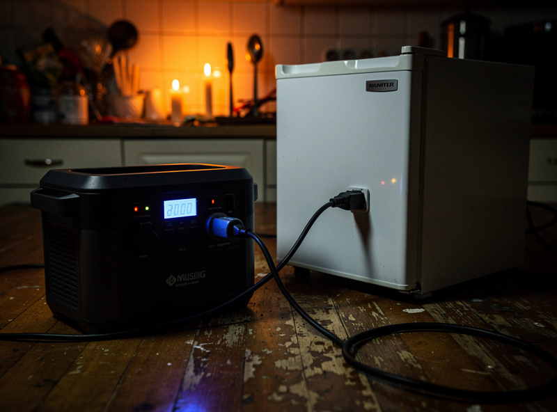 Portable power station running a small refrigerator during a home power outage