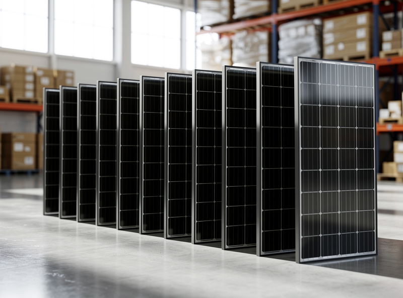 Row of branded monocrystalline solar panels stacked at a distributor