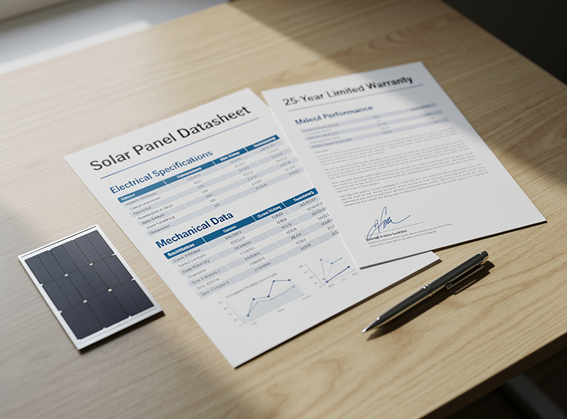 Solar panel warranty documentation and datasheet on a desk