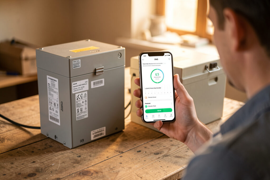 Person holding a phone showing a BMS app beside a 16S LiFePO4 home battery bank