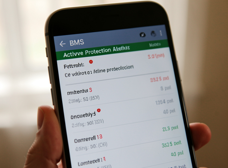 BMS app screen showing an active protection fault with per-cell voltages on a 16S LiFePO4 battery