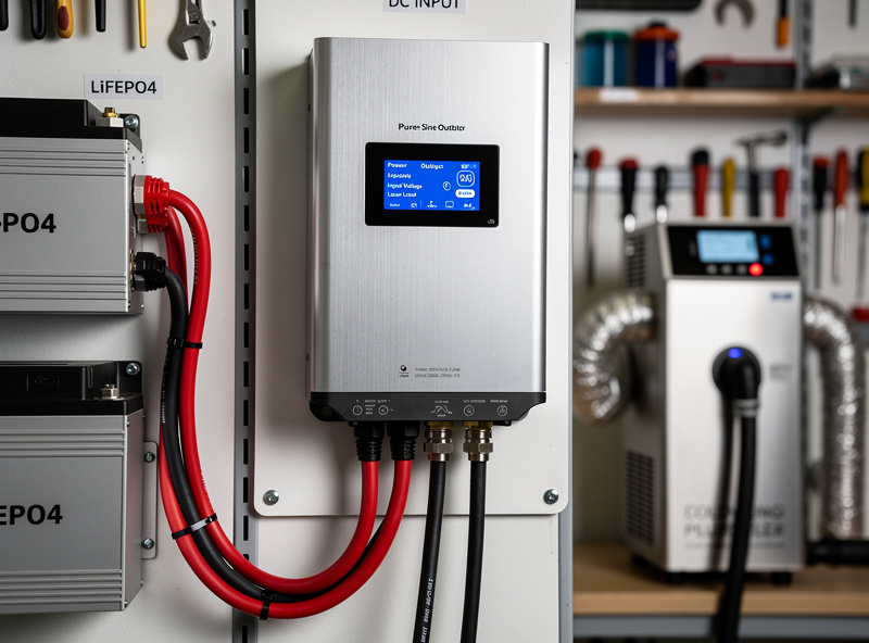 Pure sine wave inverter with digital display showing 500W output, connected to cold plunge chiller, LiFePO4 battery bank in background, clean garage installation