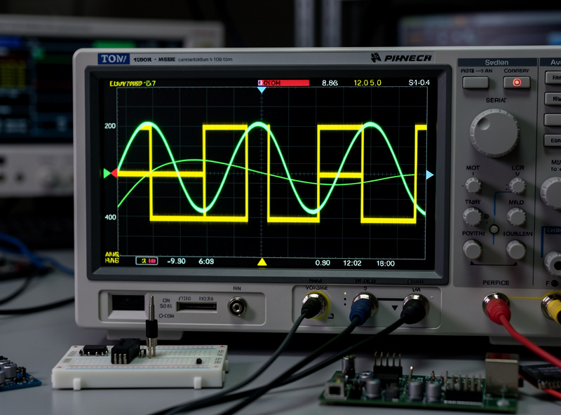 Oscilloscope display comparing pure sine wave vs modified sine wave output, technical electronics testing setup, clean lab bench