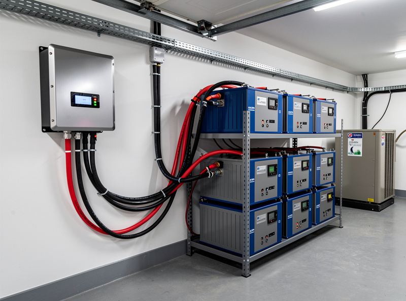 LiFePO4 battery bank with pure sine wave inverter, DC cables with proper gauge, AC output running to cold plunge chiller, clean organized electrical installation