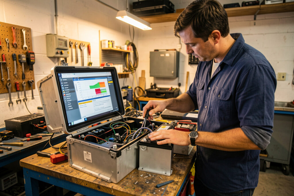 Reviewing per-cell voltages on a BMS screen next to an open 16S LiFePO4 battery pack
