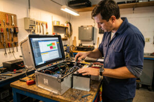 Reviewing per-cell voltages on a BMS screen next to an open 16S LiFePO4 battery pack