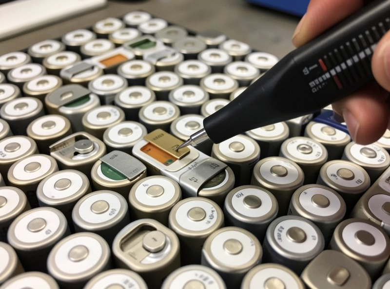 Multimeter reading the rest voltage of a suspected weak prismatic cell compared against its neighbors