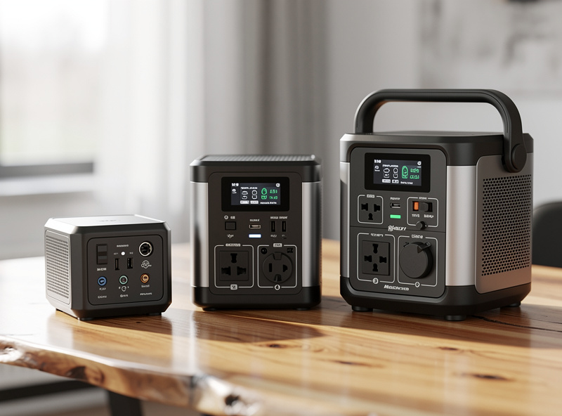 Three portable power stations from different brands arranged together on a table for comparison