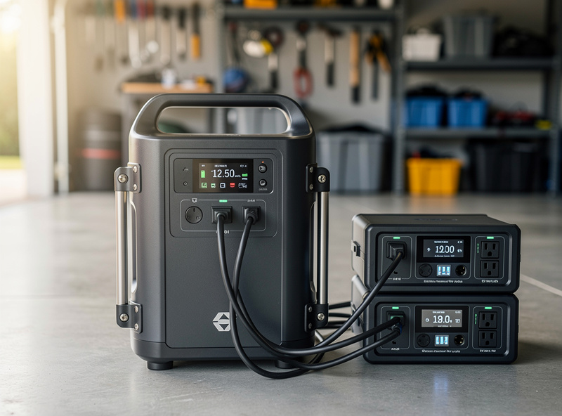 A large expandable power station with add-on battery modules set up for home backup