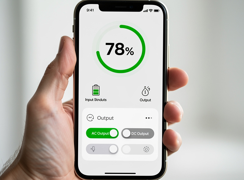 Close-up of a power station app screen on a phone showing charge level and output controls