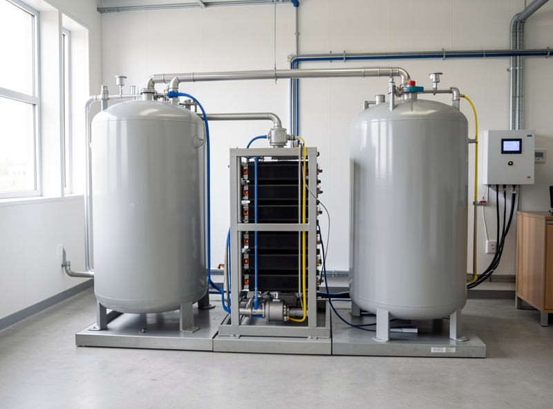 Flow battery electrolyte tanks and pump stack illustrating long-duration home energy storage