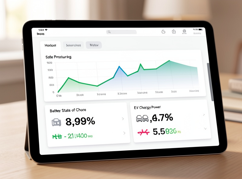 Home energy dashboard showing solar production, battery state of charge, and EV charging power on a single screen