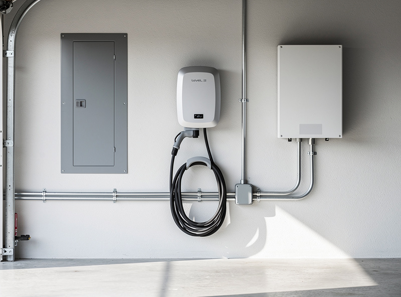 Level 2 wall-mounted EV charger installed beside a home electrical panel and battery inverter