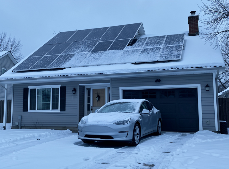 Solar panels on a snowy roof at a northern latitude with an electric vehicle parked at the house
